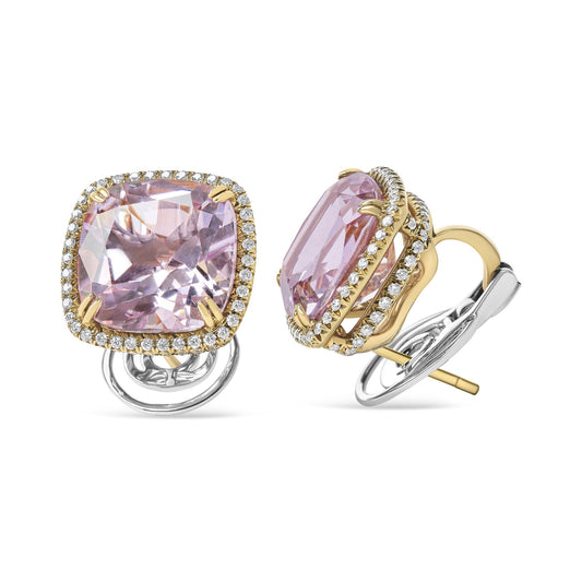Pair of earrings shown from front and side angles featuring rose and white metal with large pink cushion-shaped gemstones surrounded by a halo of small round white gemstones.