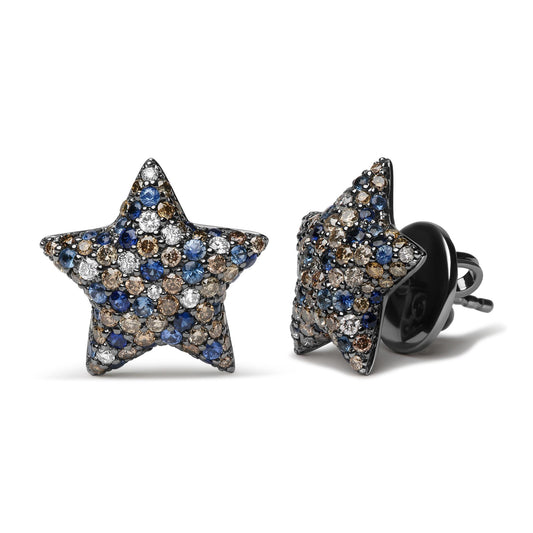 Pair of white metal star-shaped earrings set with round brown, white, and blue gemstones, shown from front and angled side on a white background.