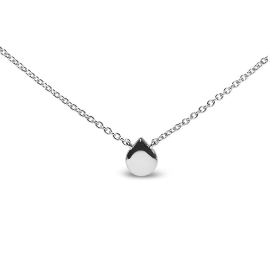 White metal necklace with a teardrop-shaped pendant, shown from the front angle.