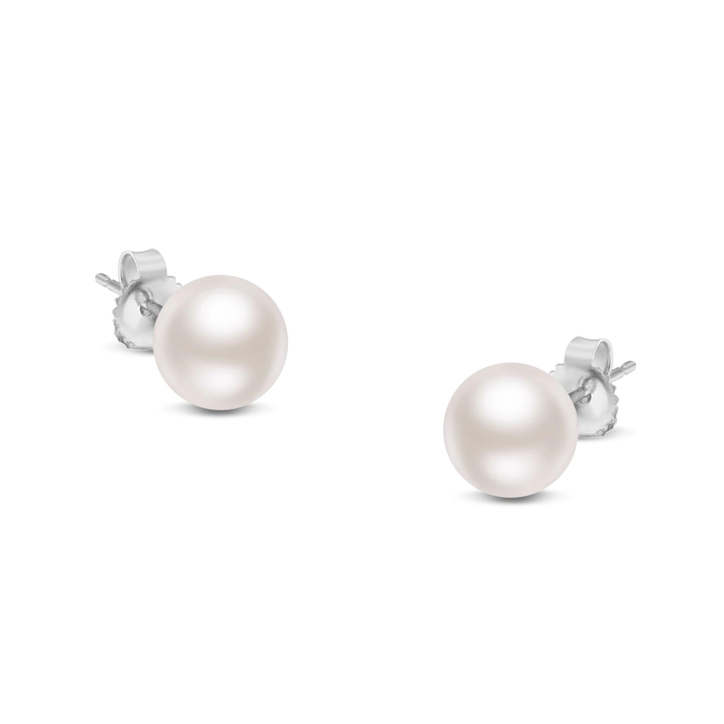 Pair of white pearl stud earrings with white metal backs, shown from a slightly angled top-front view.