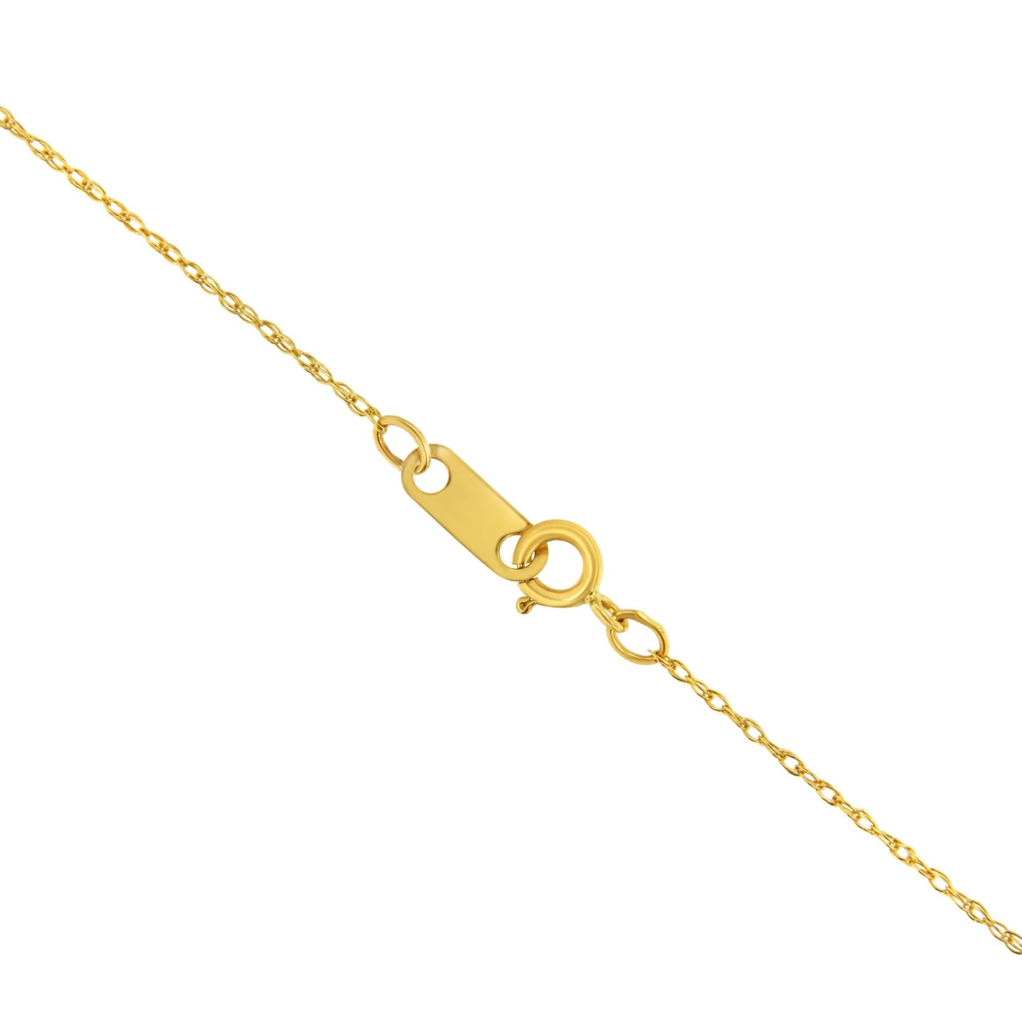 Close-up top view of a yellow chain with a spring ring clasp on a white background.