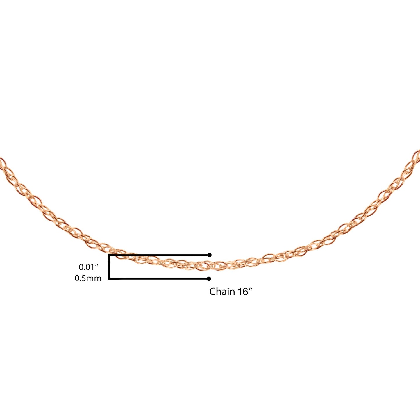 Close-up front view of a rose-colored twisted chain shown on a scale with measurement labels.
