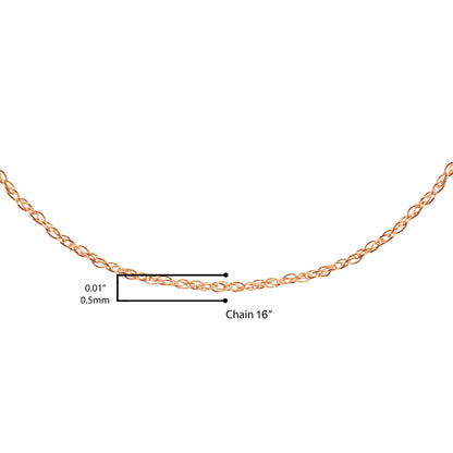 Close-up front view of a rose-colored twisted chain shown on a scale with measurement labels.