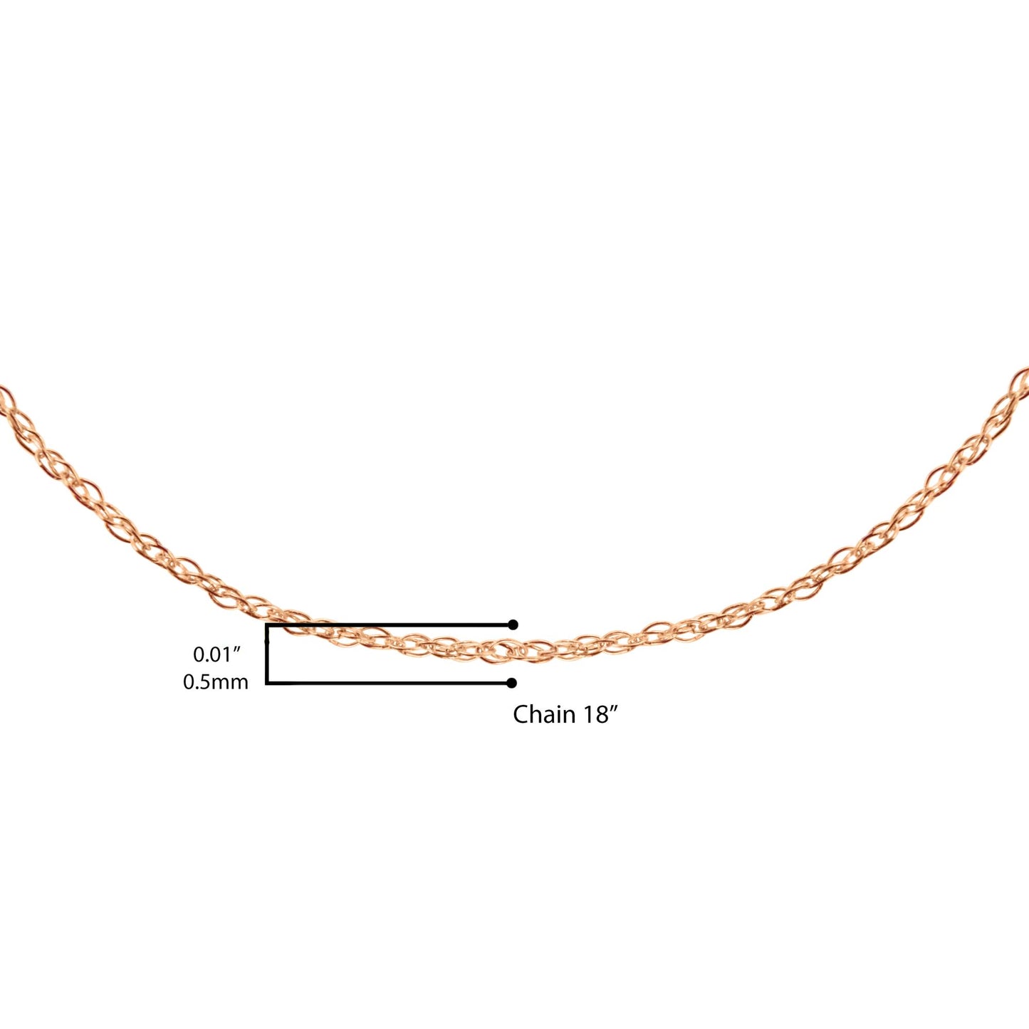 Close-up front view of a delicate rose-colored chain shown on a scale with measurement lines.