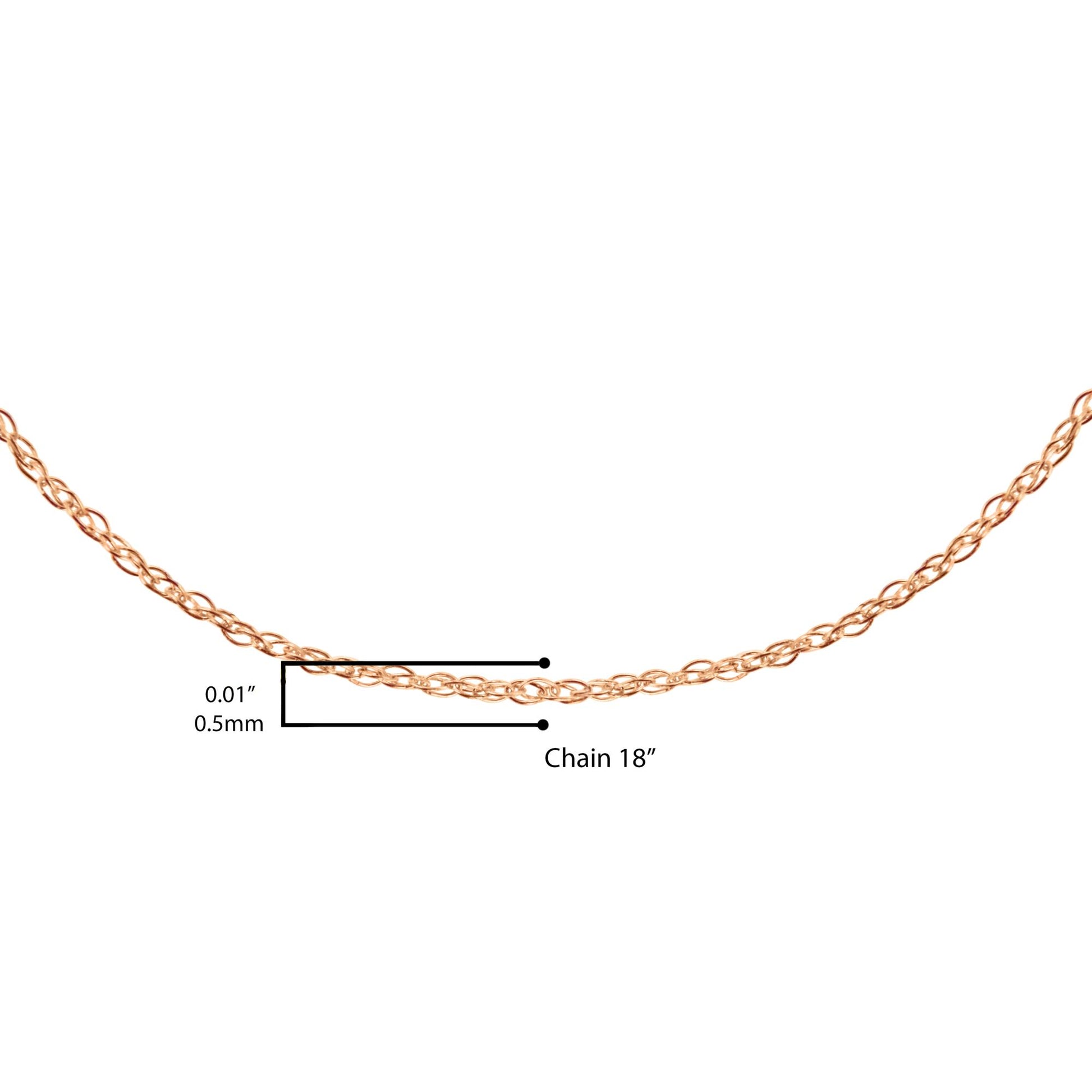 Close-up front view of a delicate rose-colored chain shown on a scale with measurement lines.