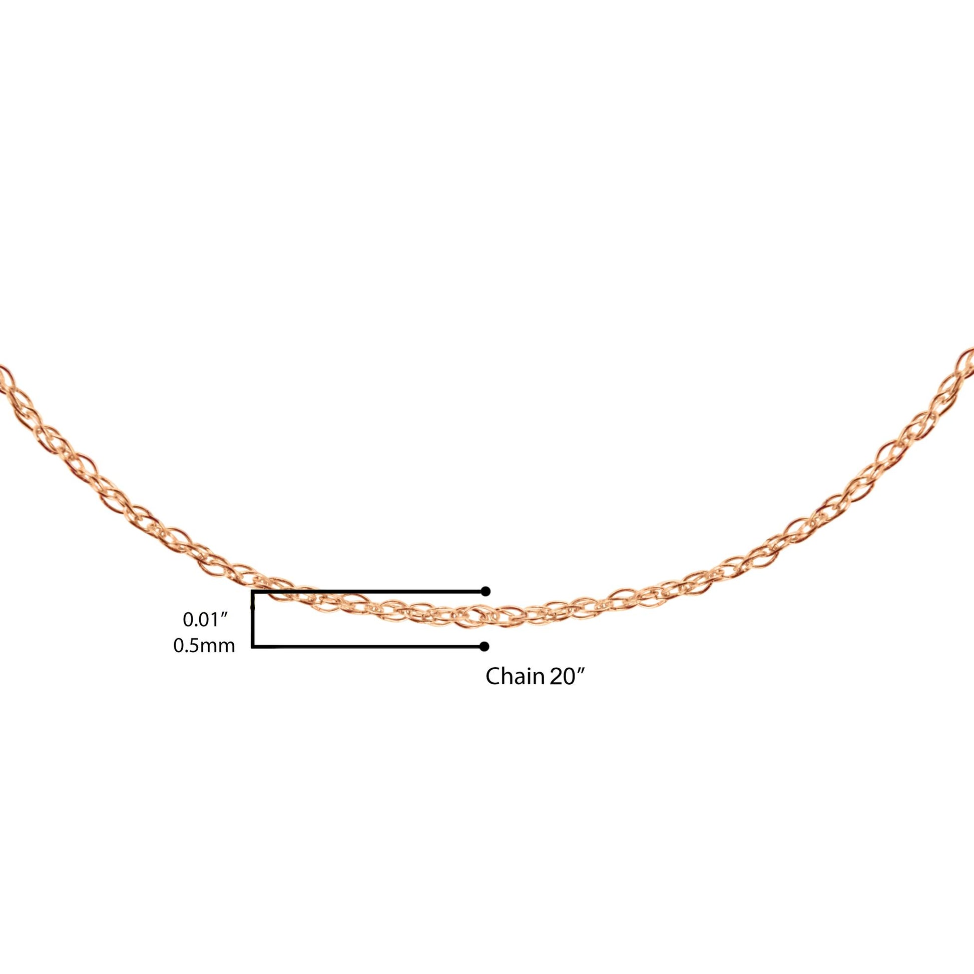 Close-up front view of a delicate rose-colored chain shown on a white background with measurement annotations.