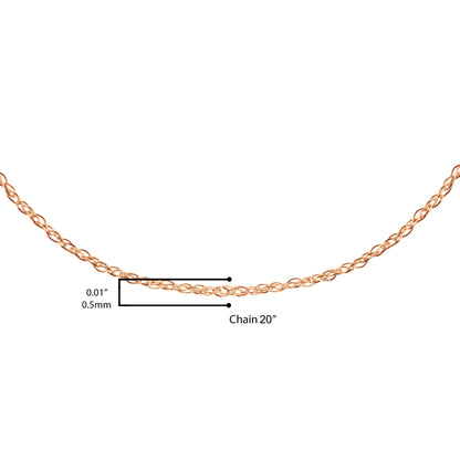 Close-up front view of a delicate rose-colored chain shown on a white background with measurement annotations.