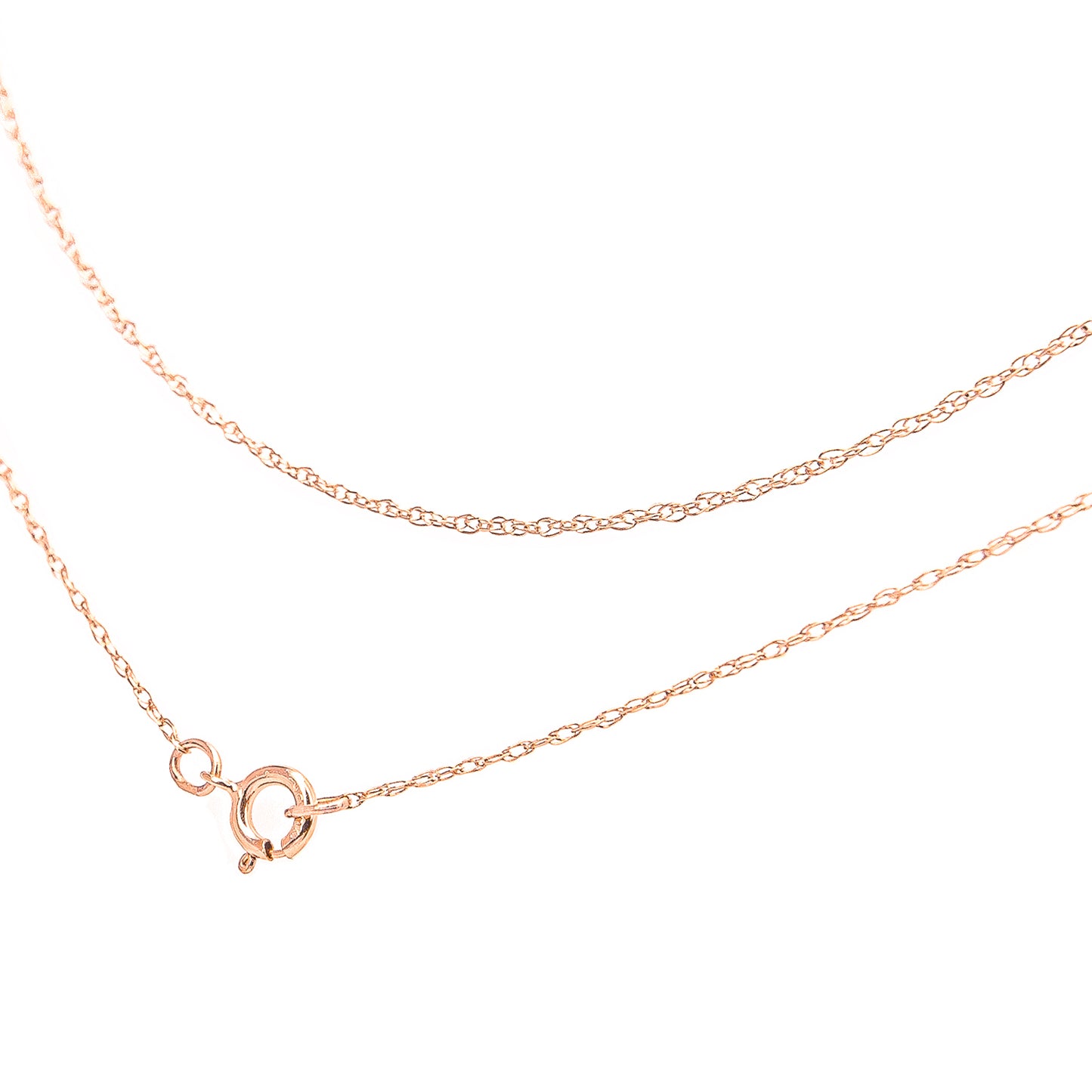 Close-up image of a delicate rose-colored chain with a spring ring clasp, shown against a white background from an angled top view.