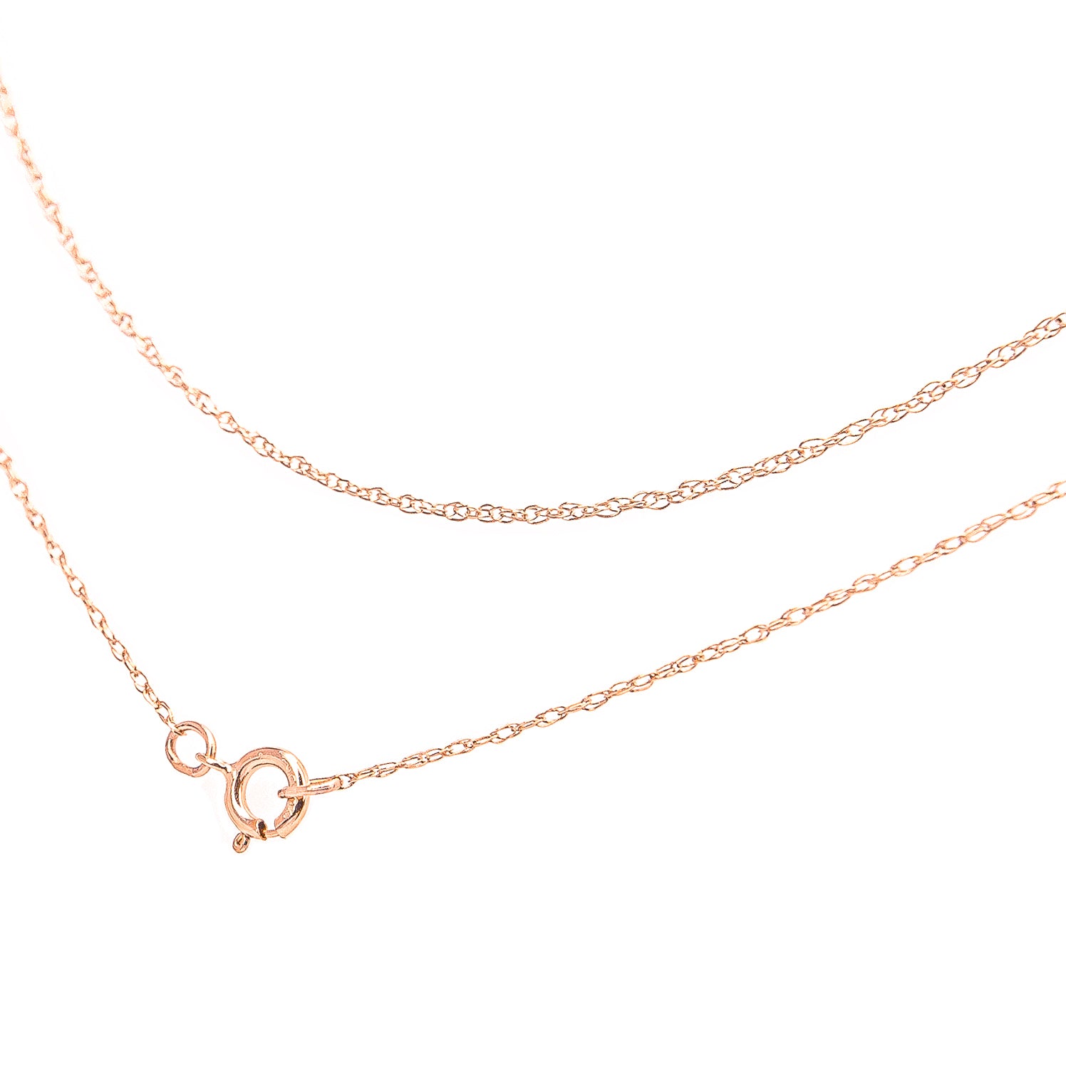 Close-up image of a delicate rose-colored chain with a spring ring clasp, shown against a white background from an angled top view.