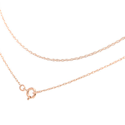Close-up image of a delicate rose-colored chain with a spring ring clasp, shown against a white background from an angled top view.