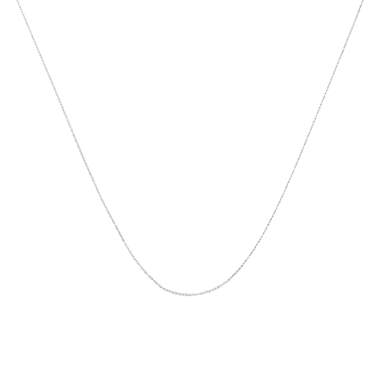 Close-up front view of a delicate white metal chain with small links on a white background.