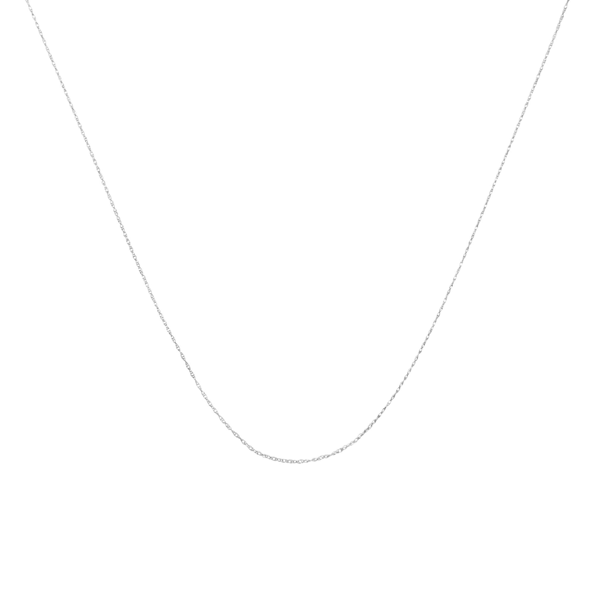 Close-up front view of a delicate white metal chain with small links on a white background.