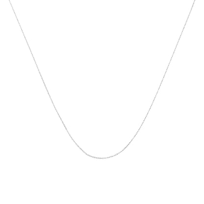 Close-up front view of a delicate white metal chain with small links on a white background.