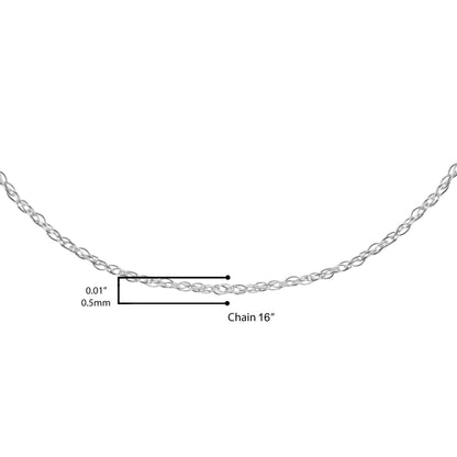 Close-up front angle of a white metal delicate chain shown on a scale with measurements.