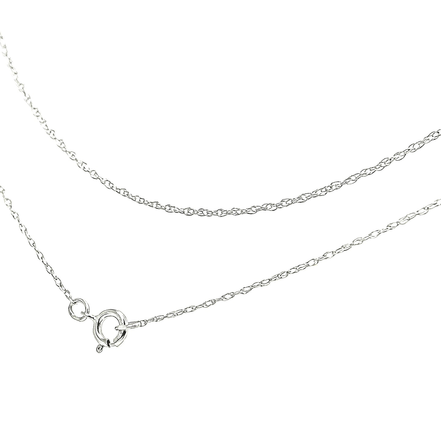 Close-up angle of a white metal fine chain with a spring ring clasp on a white background.