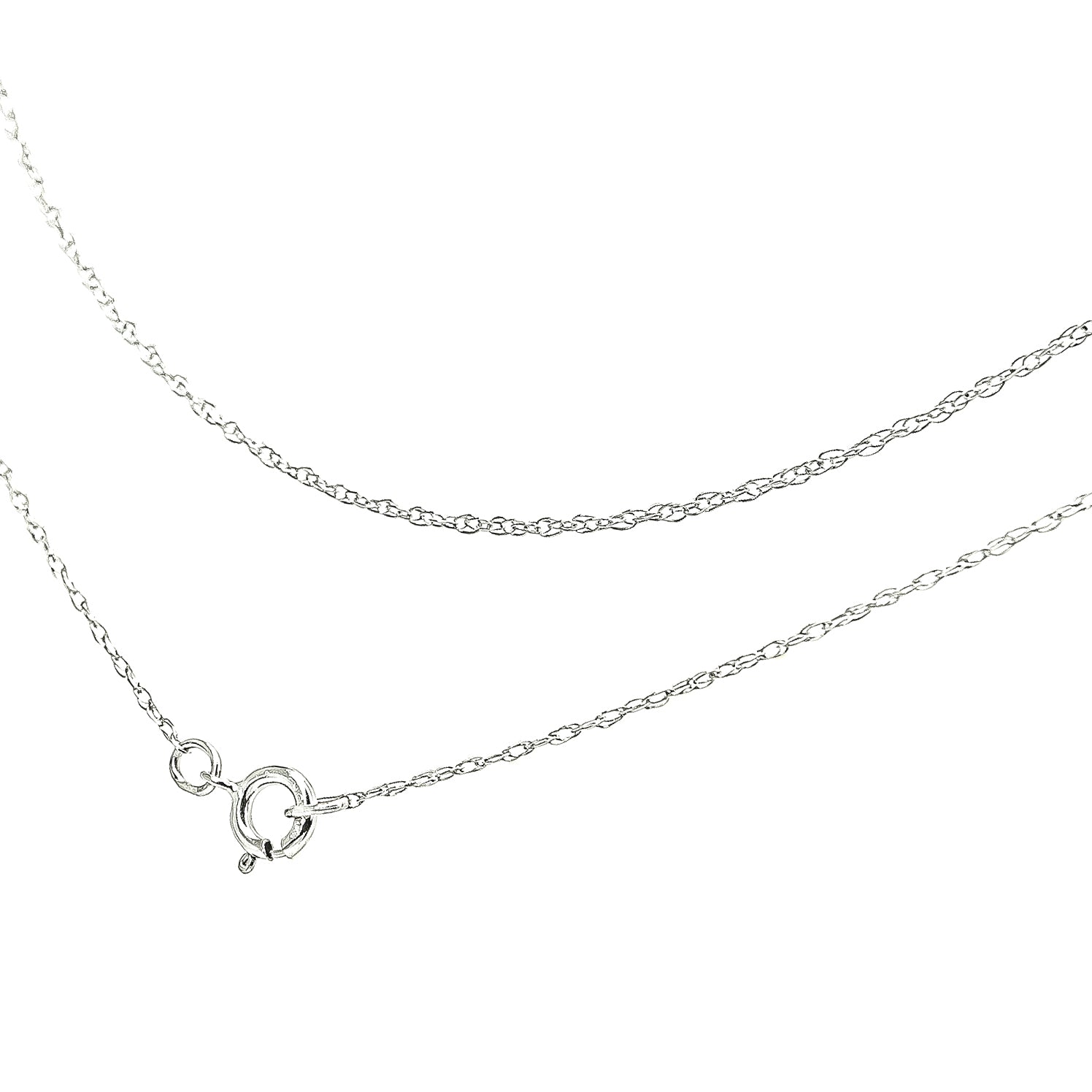Close-up angle of a white metal fine chain with a spring ring clasp on a white background.