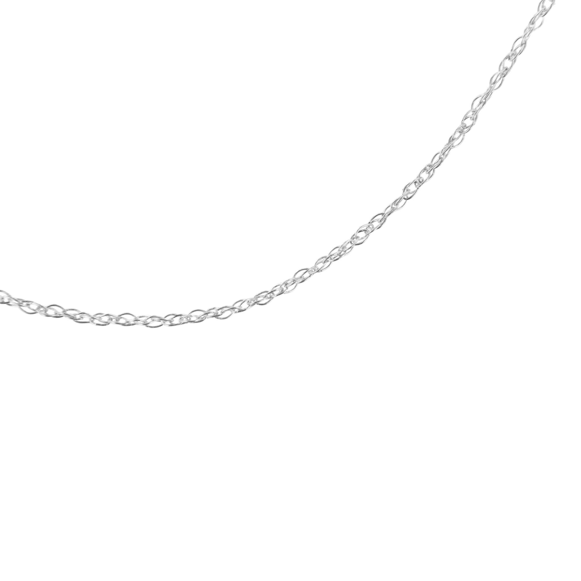 Close-up shot of a white metal chain shown against a white background, angled diagonally.