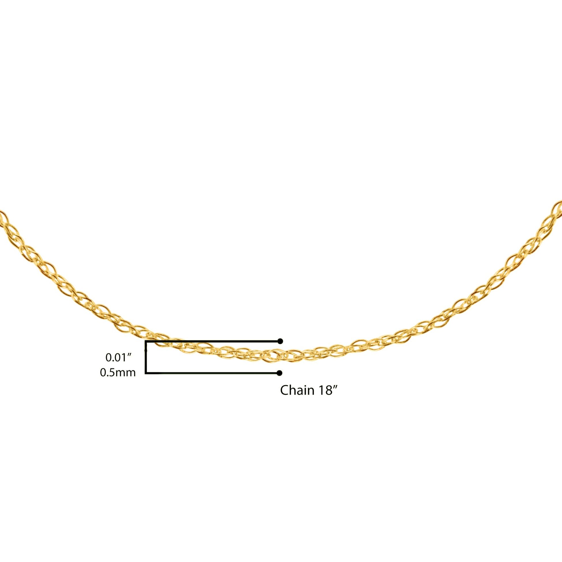 Close-up front view of a thin yellow chain shown on a white background with size measurement details.