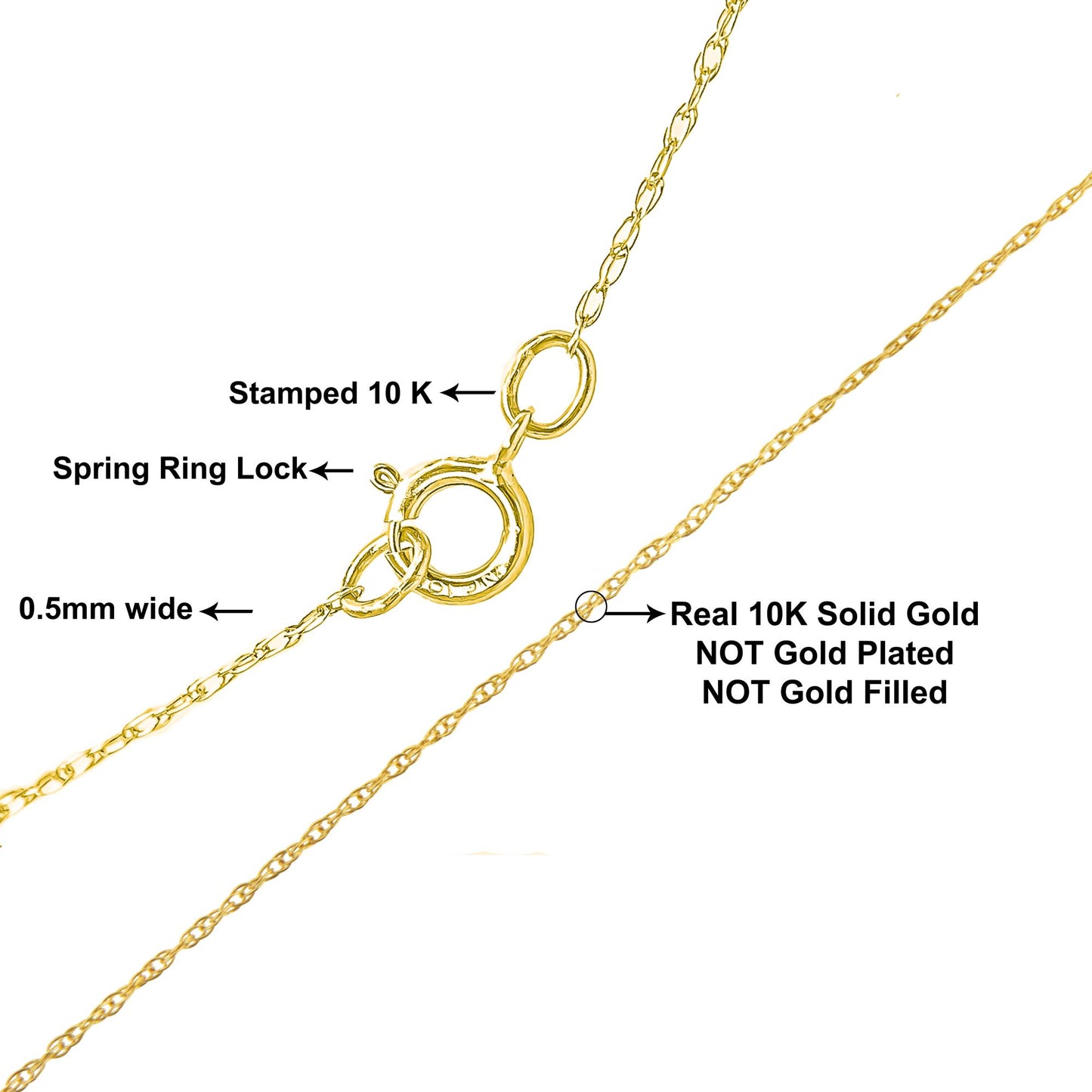 Close-up image of a delicate yellow chain with a spring ring lock, shown from a top angle.