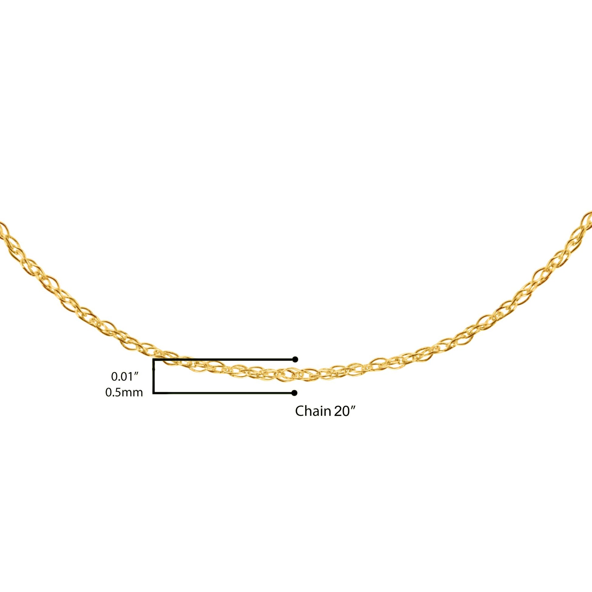 Yellow chain shown close-up on a scale from a front angle with text indicating chain length and width.