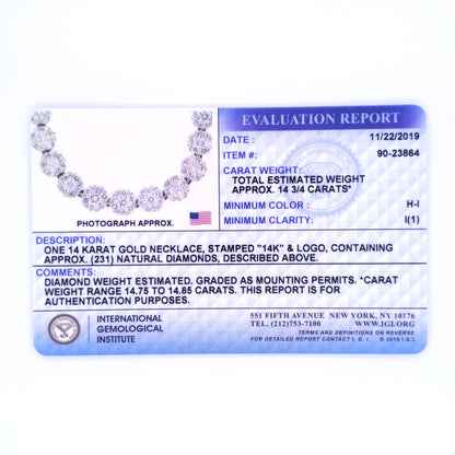 Alt text: Close-up front view of a yellow metal necklace with multiple round-shaped white gemstones in a pave setting shown on an evaluation card.