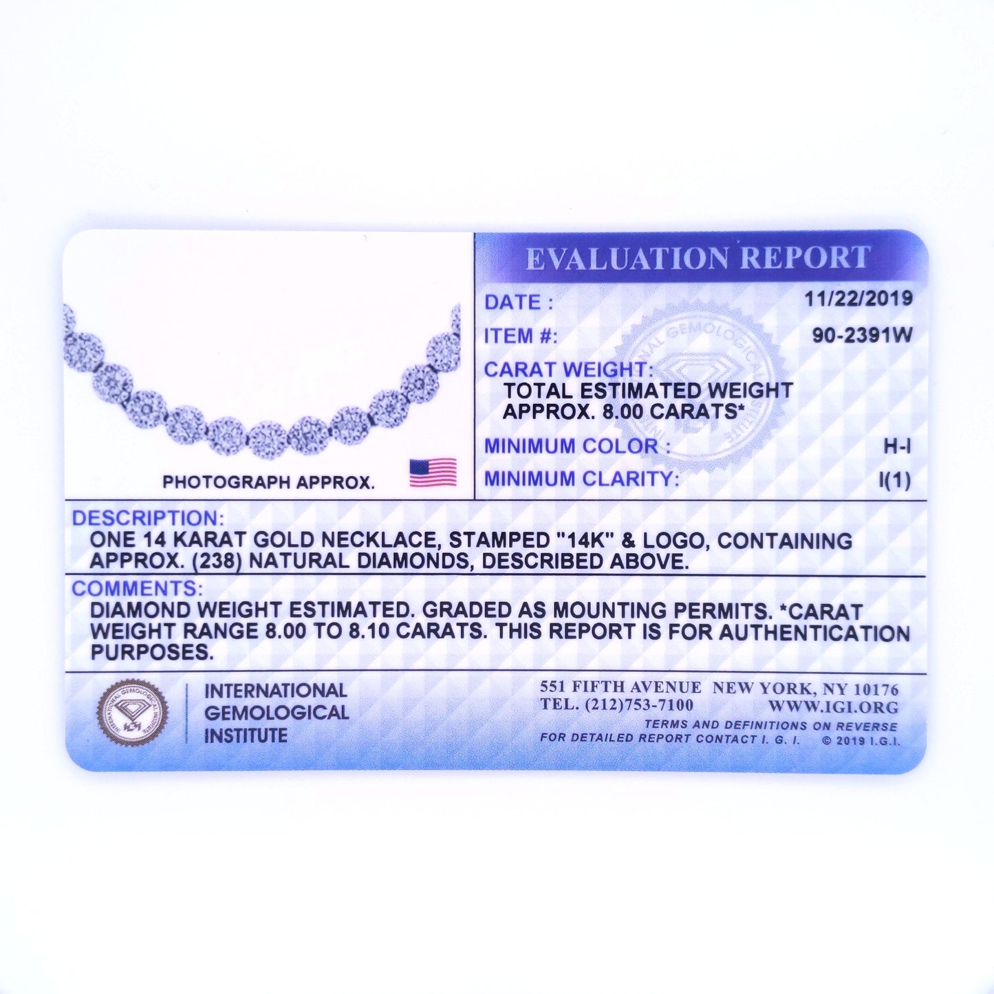 Alt text: Close-up front view of a necklace shown in an evaluation report image, featuring a white metal necklace with round white gemstones in a pave setting.