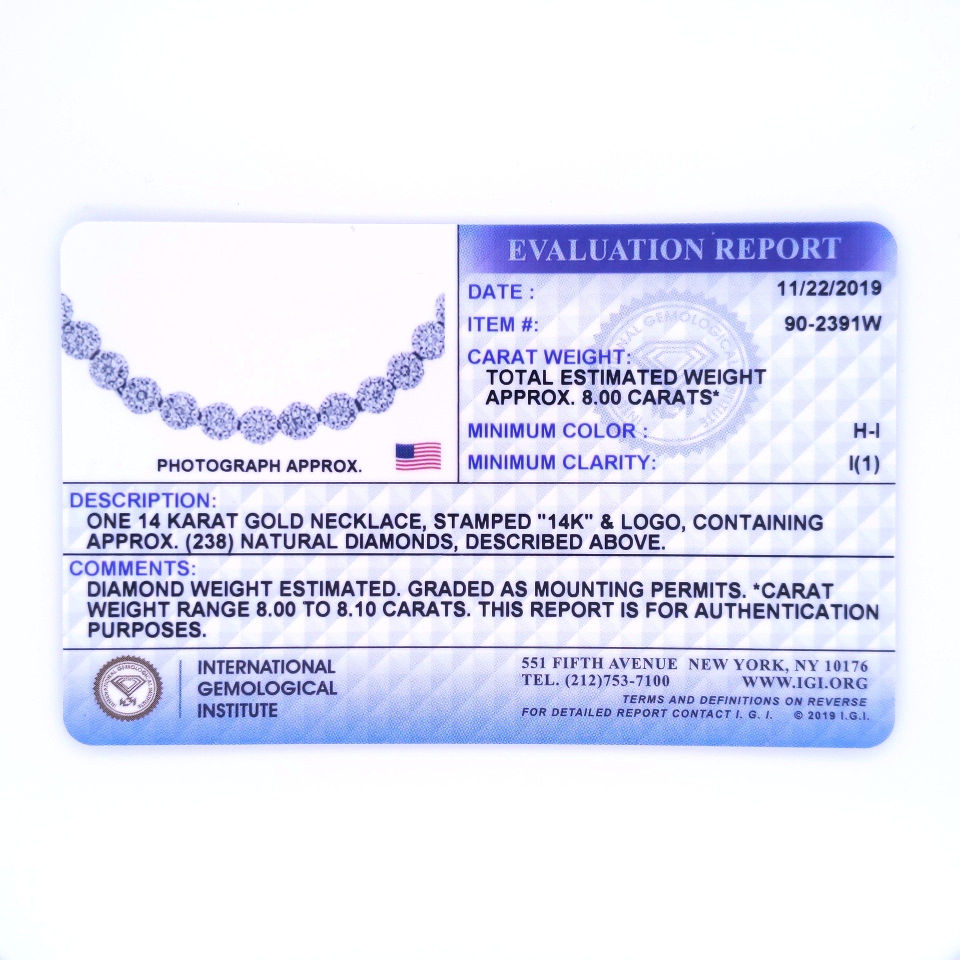 Alt text: Close-up front view of a necklace shown in an evaluation report image, featuring a white metal necklace with round white gemstones in a pave setting.