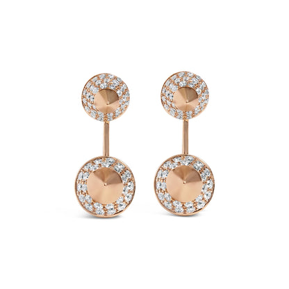 Front view of rose metal drop earrings with two circular elements each, featuring white round pave set gemstones surrounding a smooth center.