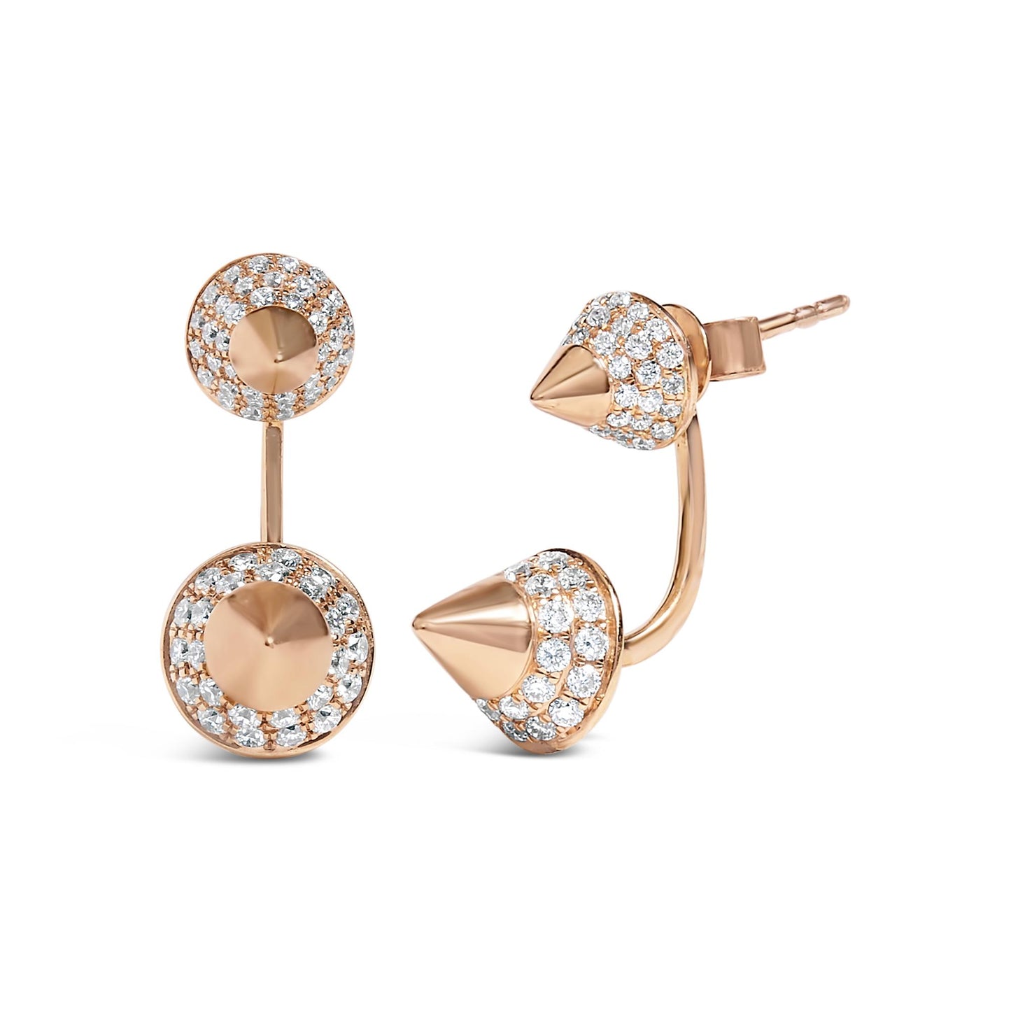 Rose metal double-sided earrings with round white gemstones in pave setting, shown from front and side angles on a white background.