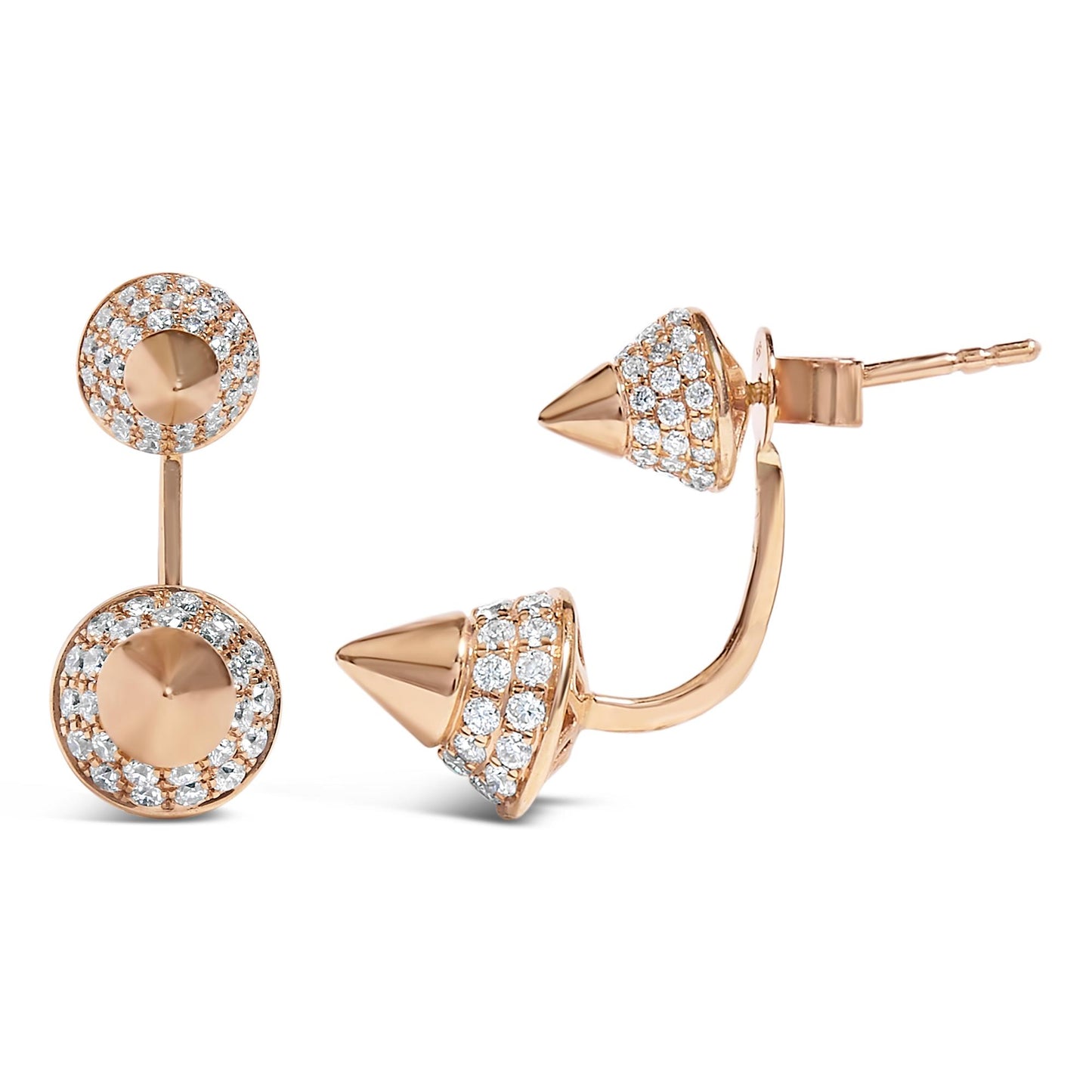 Rose metal earrings with round white gemstones in pave setting, shown from front and side angles on a white background.