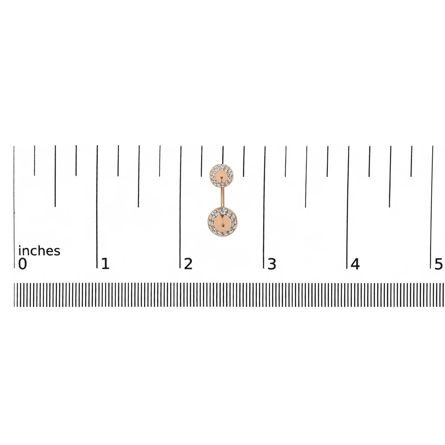 Rose metal double circle earrings with white gemstones in pave setting, shown flat on a ruler for size reference, front view.