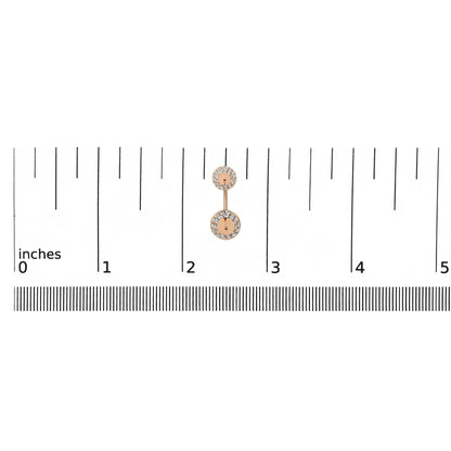 Rose metal double circle earrings with white gemstones in pave setting, shown flat on a ruler for size reference, front view.