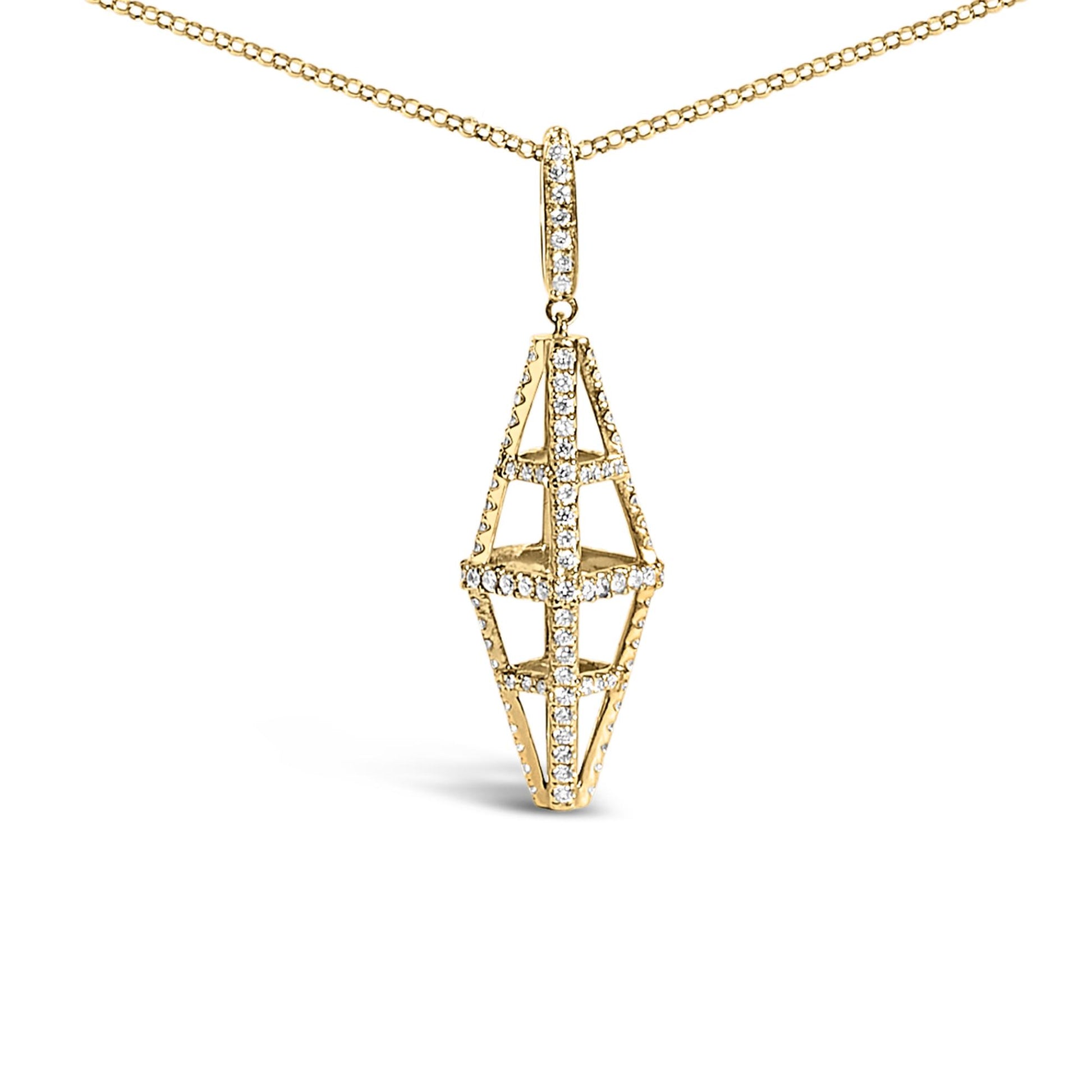 Front-facing shot of a yellow metal necklace with a geometric pendant featuring multiple round white gemstones in pave setting.