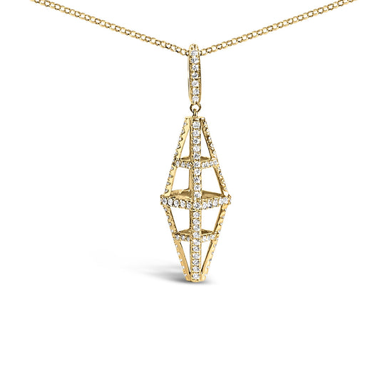 Front-facing shot of a yellow metal necklace with a geometric pendant featuring multiple round white gemstones in pave setting.