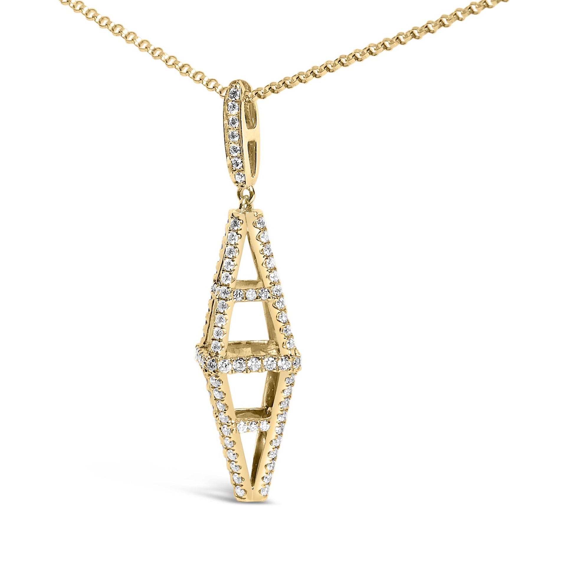 Front-facing shot of a yellow necklace pendant featuring an elongated geometric shape outlined with round white gemstones in a pave setting, hanging from a matching chain.