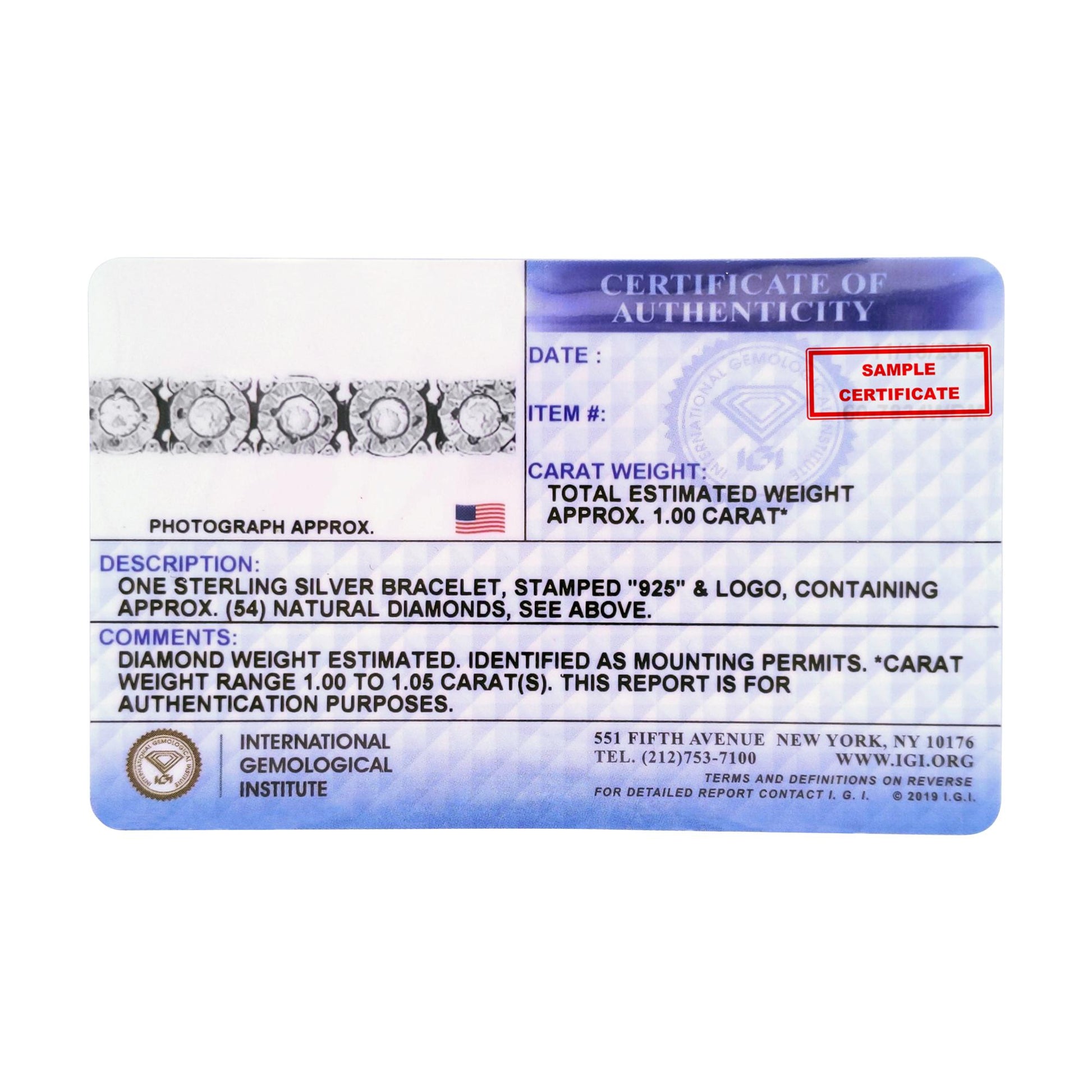 Alt text: Close-up image of a certificate of authenticity showing a photograph of a white metal bracelet with round white gemstones in a miracle setting.