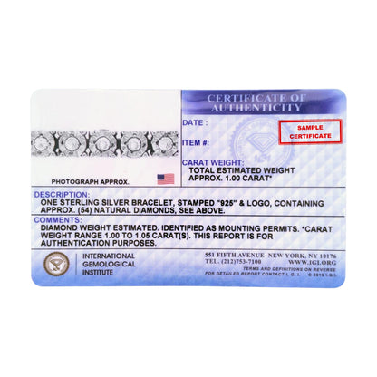 Alt text: Close-up image of a certificate of authenticity showing a photograph of a white metal bracelet with round white gemstones in a miracle setting.