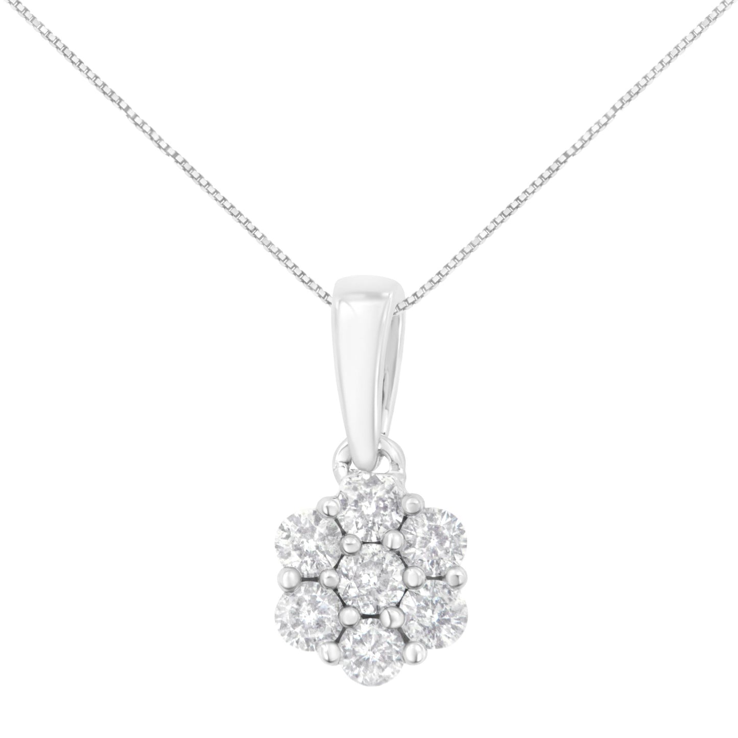 Front view of a white metal necklace with a flower-shaped pendant featuring round white gemstones in prong settings.