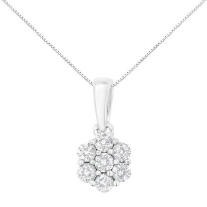 Front view of a white metal necklace with a flower-shaped pendant featuring round white gemstones in prong settings.