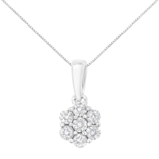 Front view of a white metal necklace with a flower-shaped pendant featuring round white gemstones in prong settings.