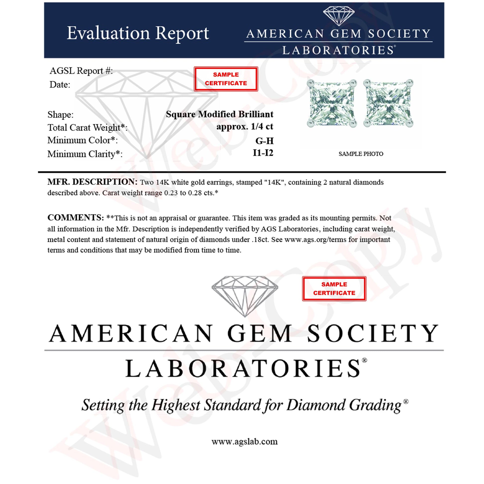 White metal stud earrings with princess-shaped white gemstones in a 4-prong setting, shown in a front-facing view.