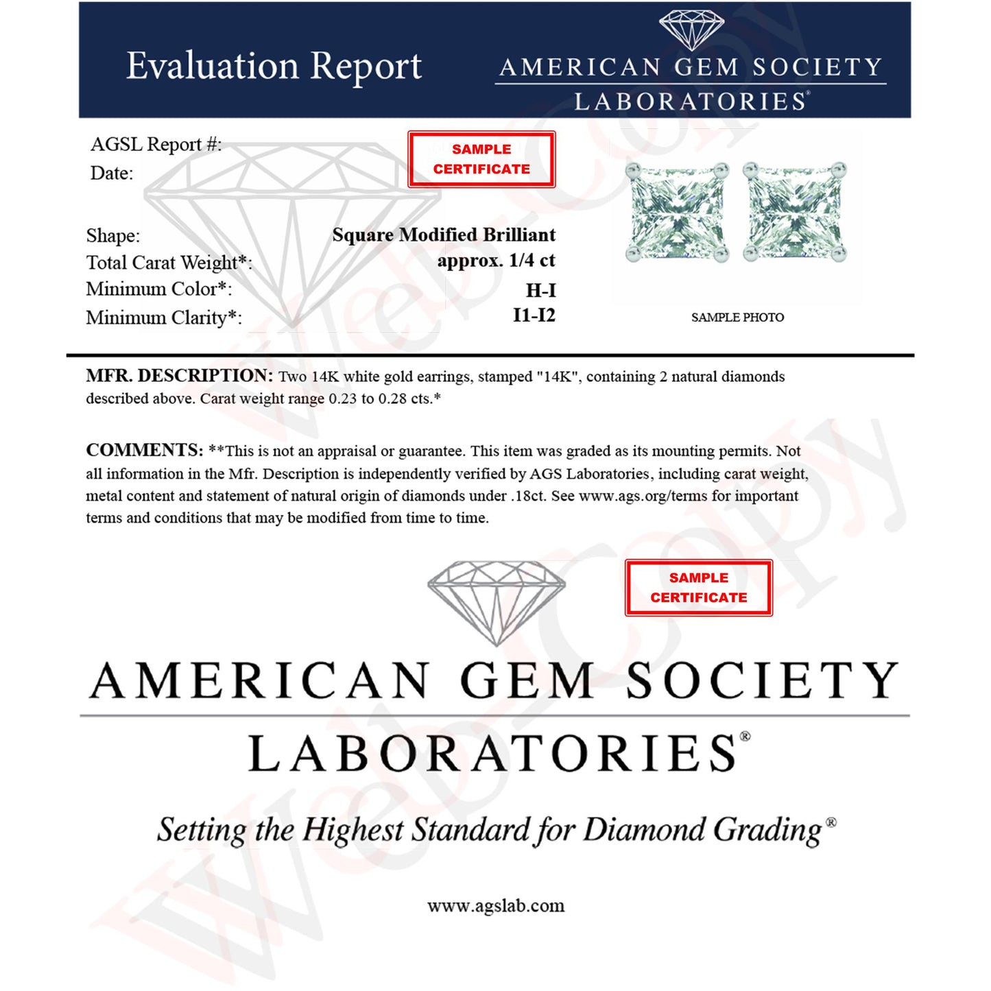 Pair of white metal stud earrings with square princess-shaped white gemstones in a 4-prong setting, shown from a front angle.