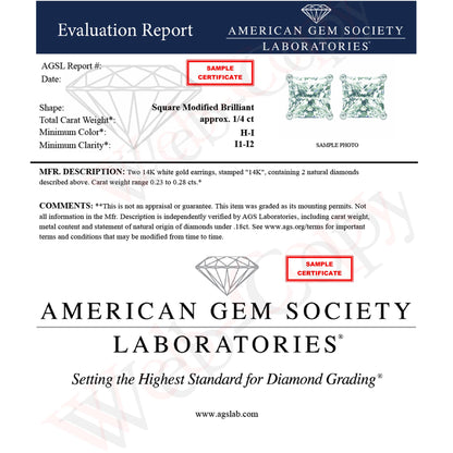 Pair of white metal stud earrings with square princess-shaped white gemstones in a 4-prong setting, shown from a front angle.