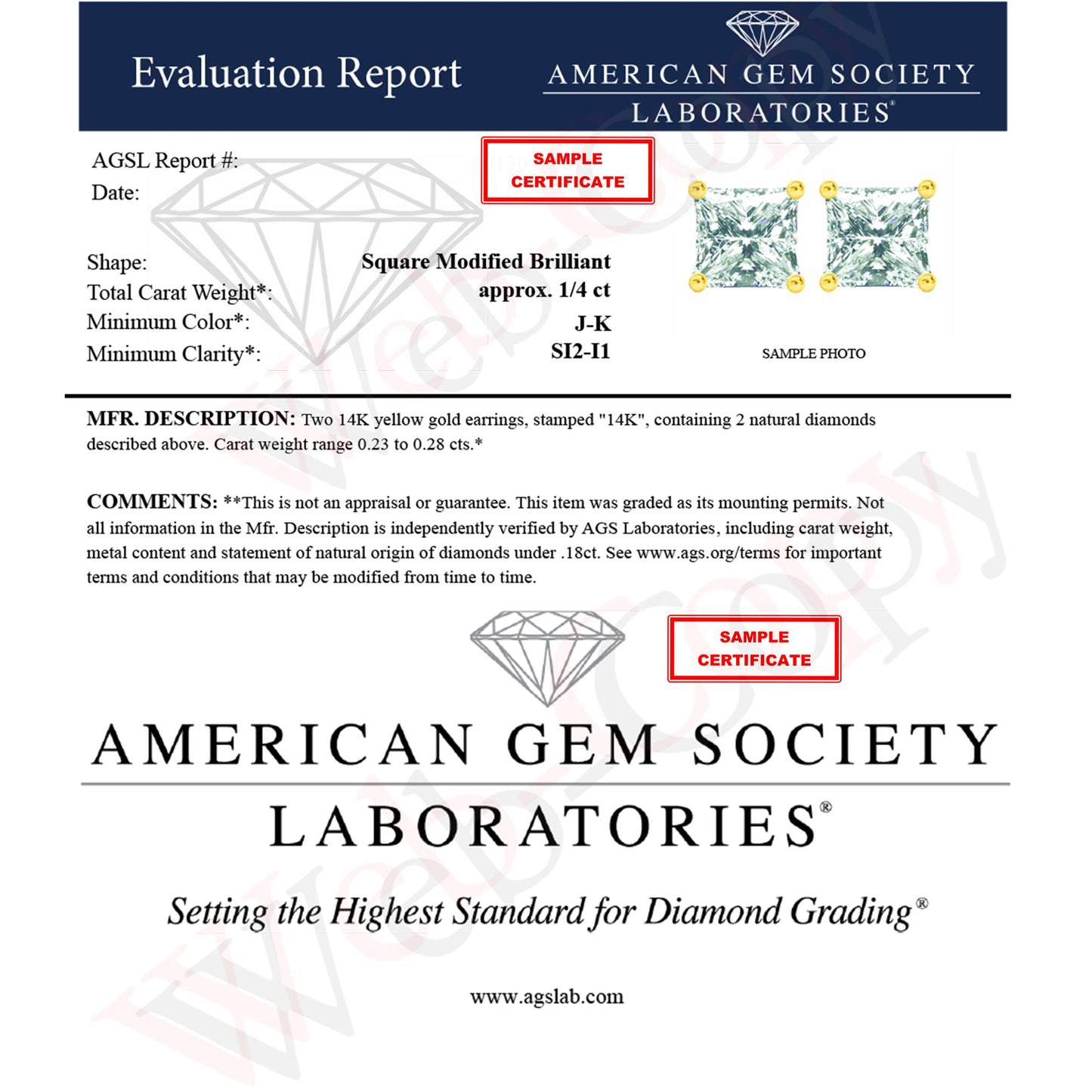 Close-up front angle of a pair of yellow metal earrings each featuring a princess-shaped white gemstone set in a four-prong setting.