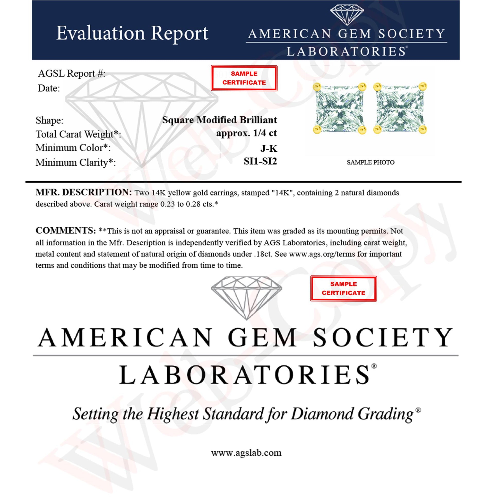 Alt text: Pair of yellow metal stud earrings with princess-shaped white gemstones in 4-prong settings, shown from a front angle.