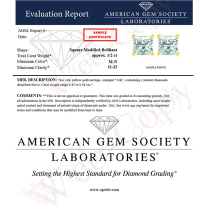 Alt text: Front view of yellow metal stud earrings each featuring a princess-shaped white gemstone in a 4-prong setting.