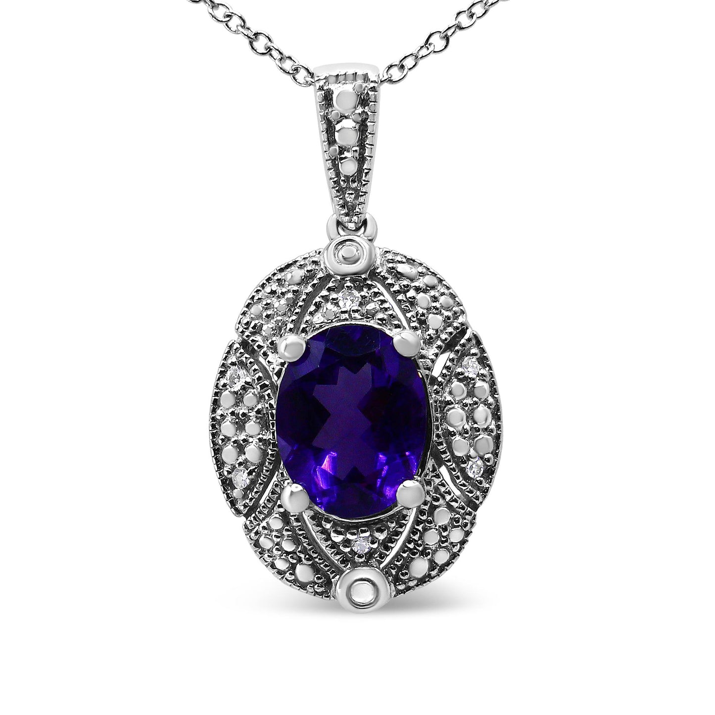Front view of white metal necklace with oval-shaped purple gemstone center, surrounded by decorative white round gemstones in prong settings.