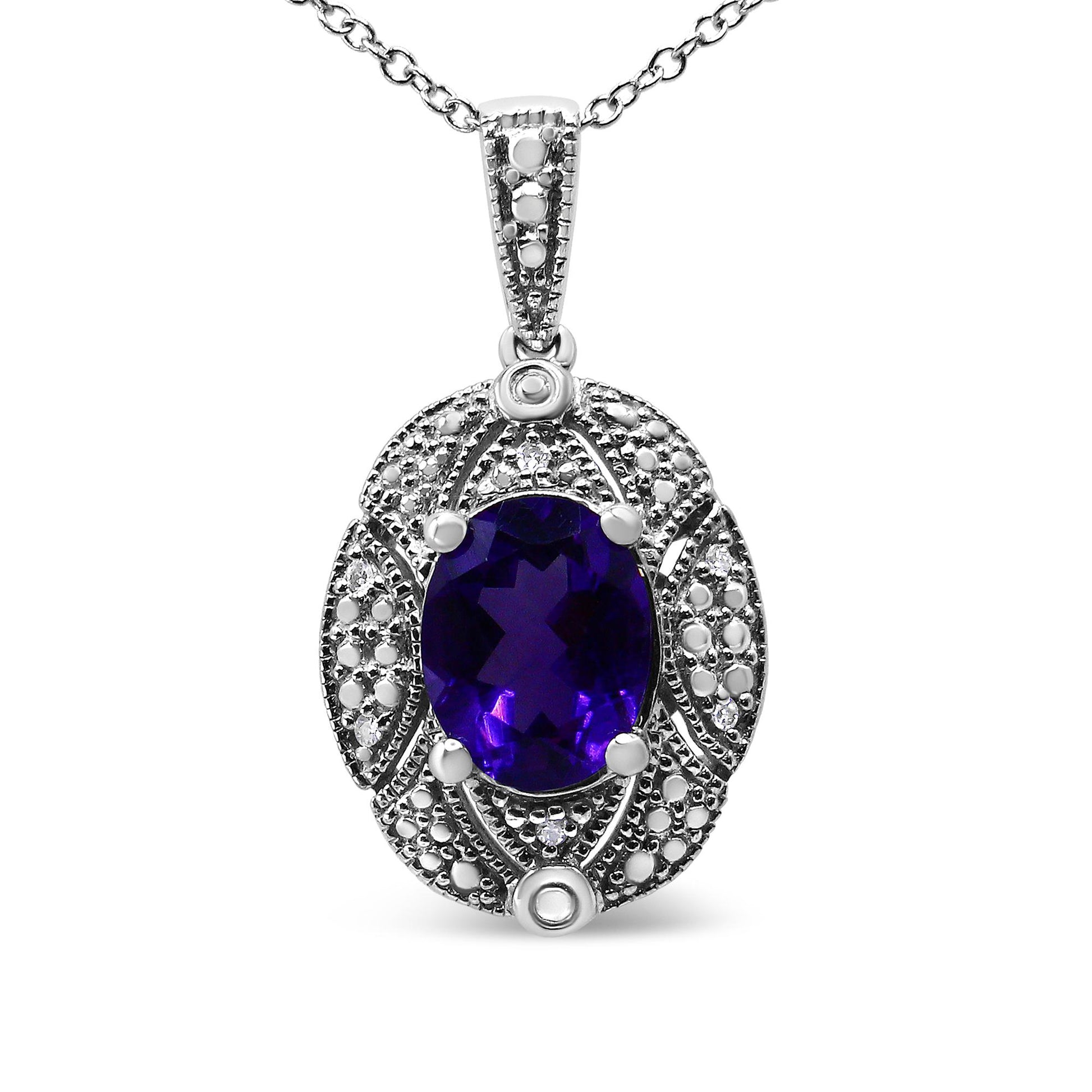Front view of white metal necklace with oval-shaped purple gemstone center, surrounded by decorative white round gemstones in prong settings.