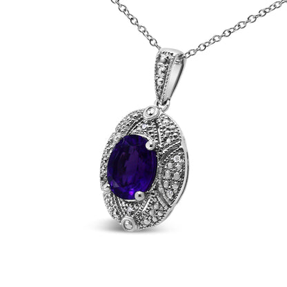 Close-up, angled view of a white metal necklace pendant featuring an oval purple gemstone at the center surrounded by multiple small round white gemstones in prong settings.