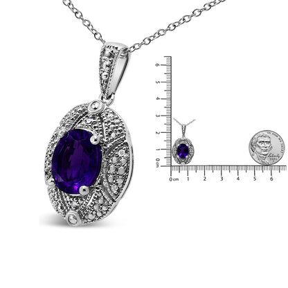 Close-up front angle of a white metal necklace with an oval purple gemstone surrounded by round white gemstones, shown next to a ruler and coin for size reference.